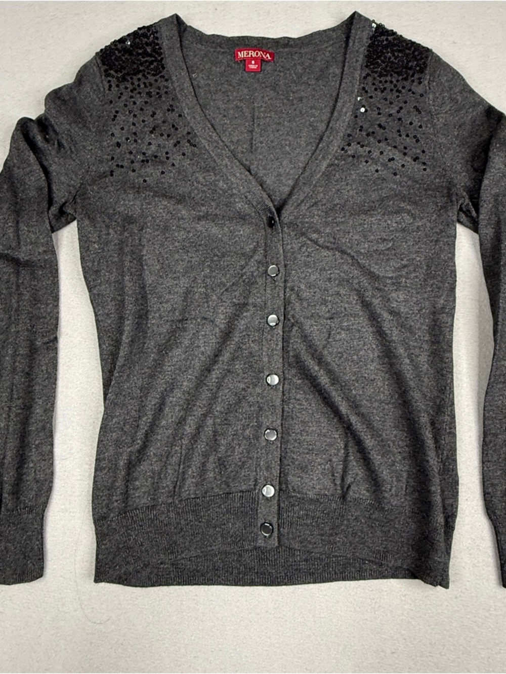 Merona Gray Sequin Cardigan Small Button Front V Neck Lightweight Sweater